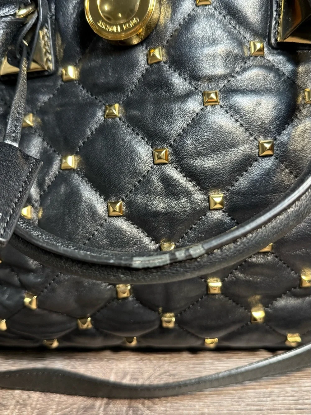 Michael Kors Black Quilted Studded Satchel with Gold Hardware
